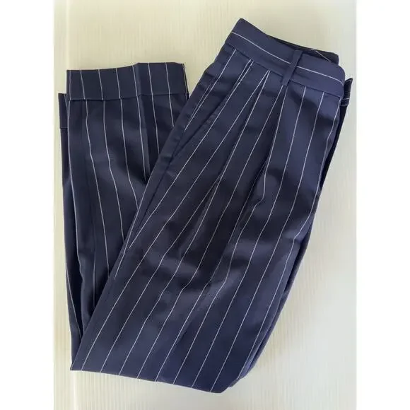 Lauren Ralph Lauren Black Label Pleated Navy Pinstripe Cuffed High Waist Sz 4 - Picture 14 of 14